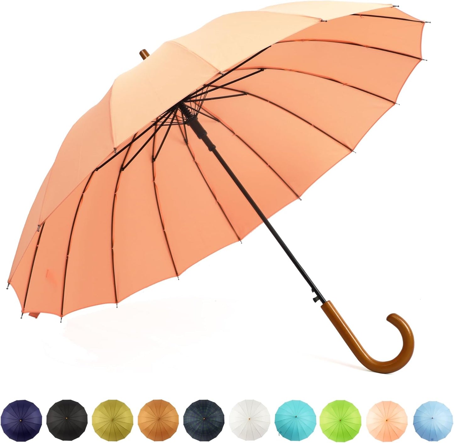 SoulRain 16 Ribs 48" Stick Umbrella Auto Open Solid Color Fashionable and Simple，Arc Classic Wood Handle，Windproof Unbreakable Stick Rain Umbrella