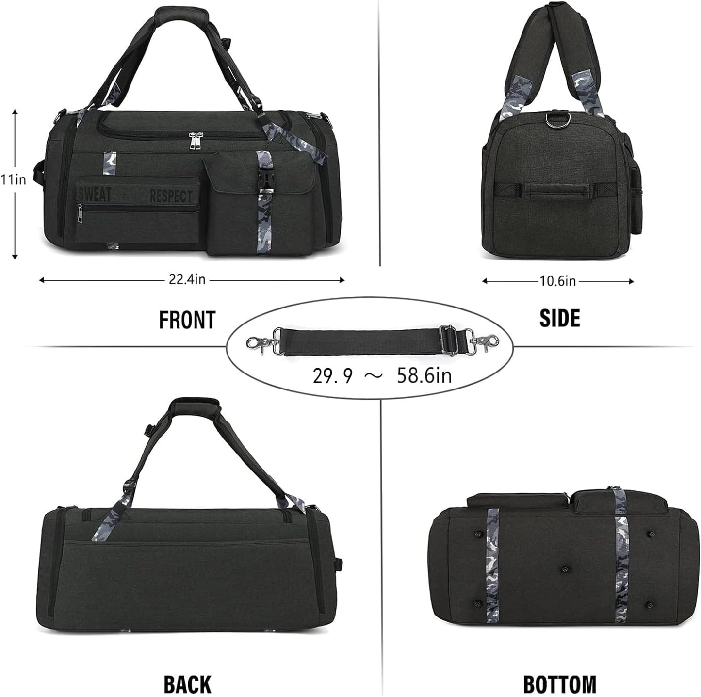 Gym Bags for Men Gym Duffle Bag Backpack 3-Way Sports Duffel Bags for Men with Shoe Compartment & Wet Pocket（Black）