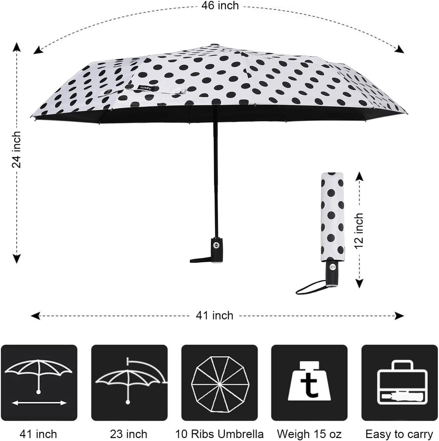 Agaric Cute Polka Dots Large Travel Umbrella for Rain & Sun, 46” UV Protection Auto Open Close Waterproof Folding Umbrella Windproof Compact Umbrella