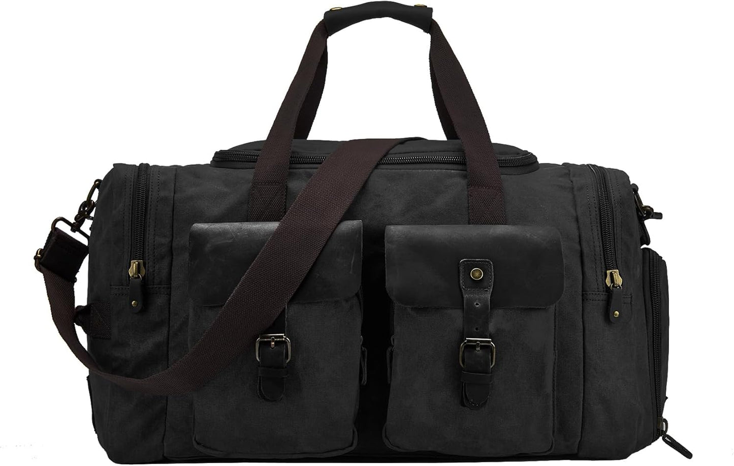Waxed Canvas Vintage Overnight Duffel Weekend Travel Bag Waterproof For Men Women with Shoes Compartment (Black)
