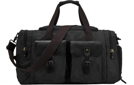 Waxed Canvas Vintage Overnight Duffel Weekend Travel Bag Waterproof For Men Women with Shoes Compartment (Black)