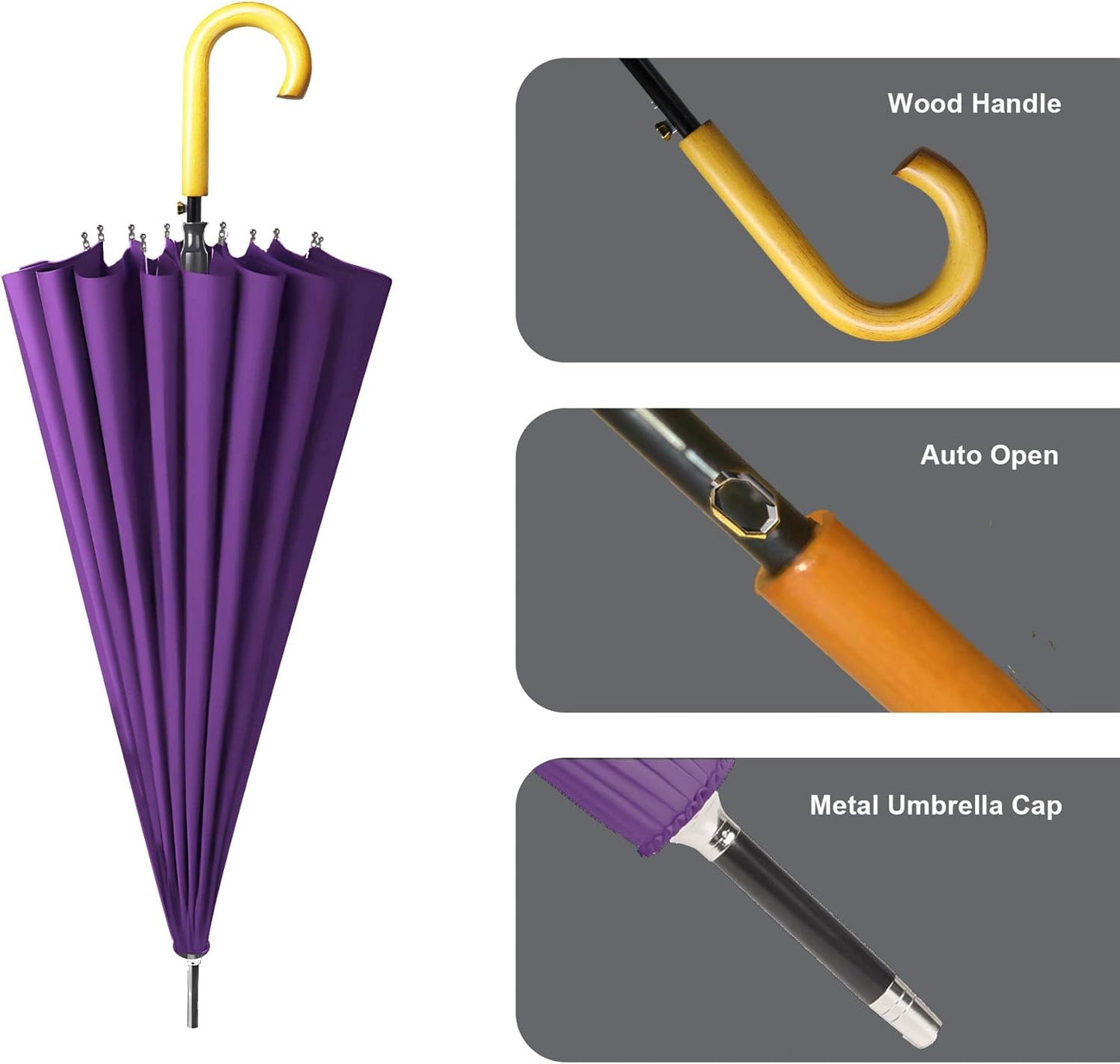 MRTLLOA 52 Inch Windproof Large Umbrellas for Rain, 16 Ribs, J Wooden Handle, 210T High-density Fabric Golf Stick Umbrella