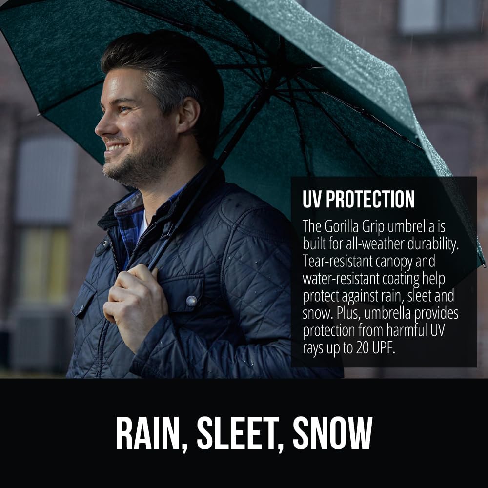 GORILLA GRIP Strong Windproof Stick Compact Umbrella for Rain, One-Click Automatic Open and Close, Durable Quick Dry Waterproof Material, Lightweight, Portable, Travel Size Fits Backpack, Hunter Green