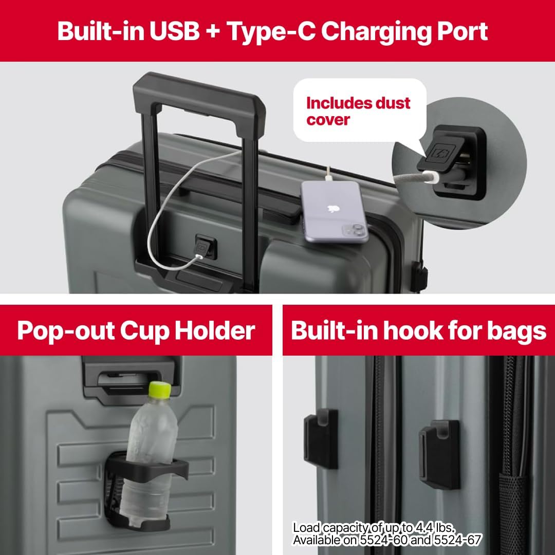 LEGEND WALKER LW 5524 Hardshell Expansion Front-openning, USB port,Cup-holder Spinner Luggage