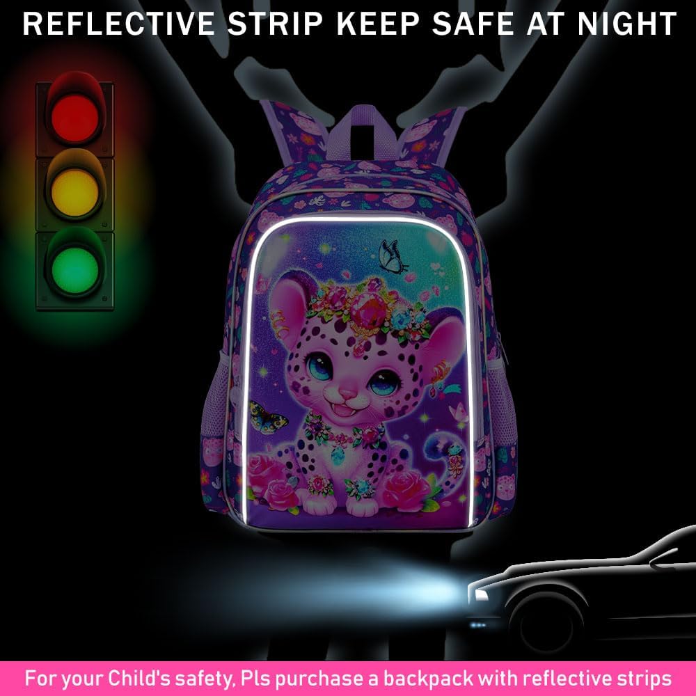 16" Leopard Backpack for Girls, 3Pcs Kids Bookbag for Elementary Preschool Kindergarten, School Backpacks with Lunch Box(Purple)