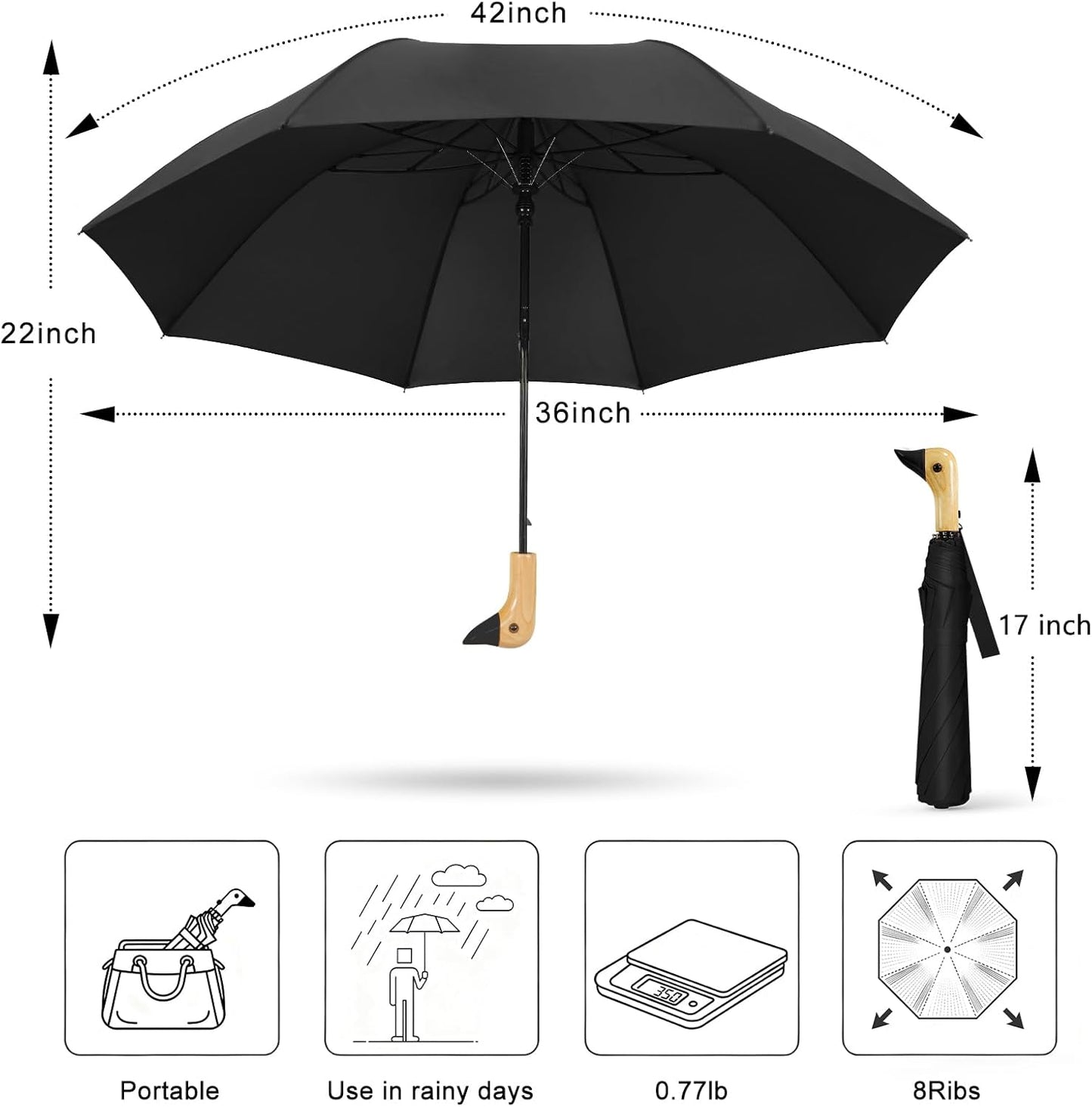 LEAGERA Cute Duck Head Umbrella - Auto Open & Manual Close Easy Folding Portable Lightweight Umbrella for Rain Wood Handle Duck Gifts
