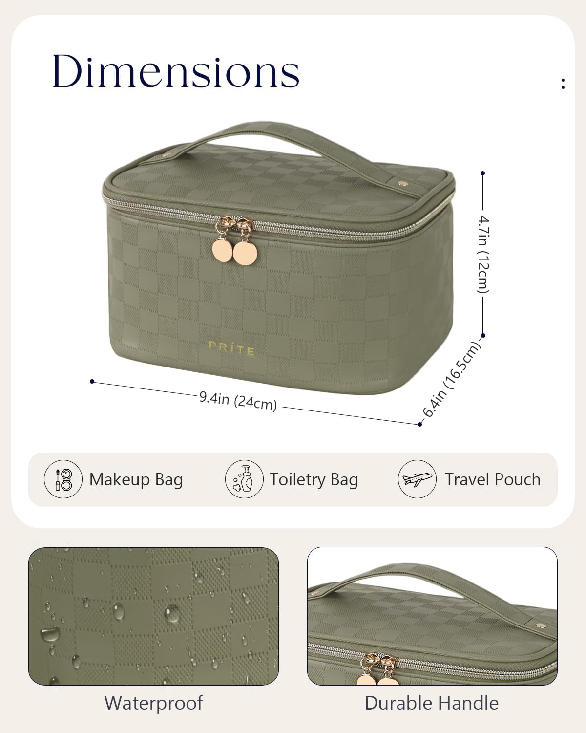 Prite Makeup Bag Portable Cosmetic Organizer with Brush Holder Waterproof Travel Toiletry Bag for Women with Handle and Divider (Checkered Green)