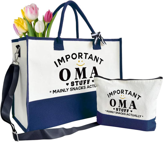 Important Oma Bag Gifts, Canvas Tote Bag for Grandma, Grandma Gifts, Cosmetic Bag, Beach Bag and Makeup bag, Travel Bag Gifts for Oma, Canvas Tote Bag With Zipper, Mothers Day Christmas Gifts A44