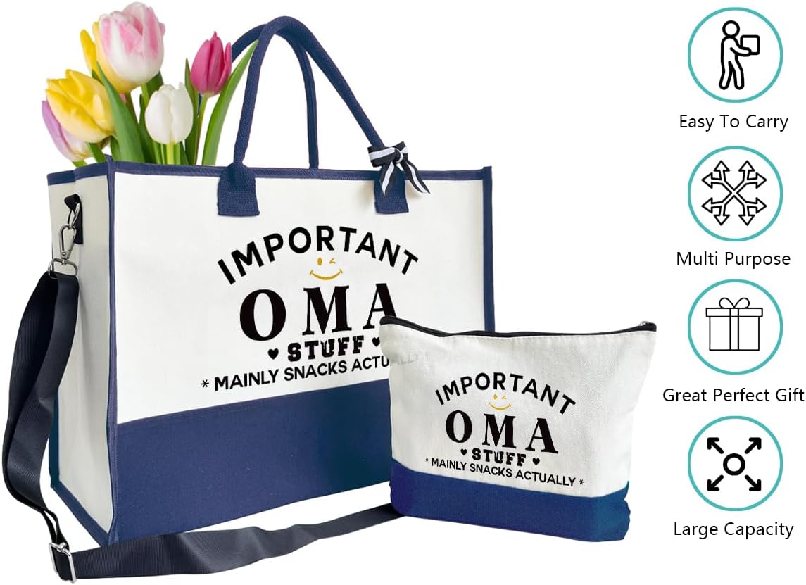 Important Oma Bag Gifts, Canvas Tote Bag for Grandma, Grandma Gifts, Cosmetic Bag, Beach Bag and Makeup bag, Travel Bag Gifts for Oma, Canvas Tote Bag With Zipper, Mothers Day Christmas Gifts A44