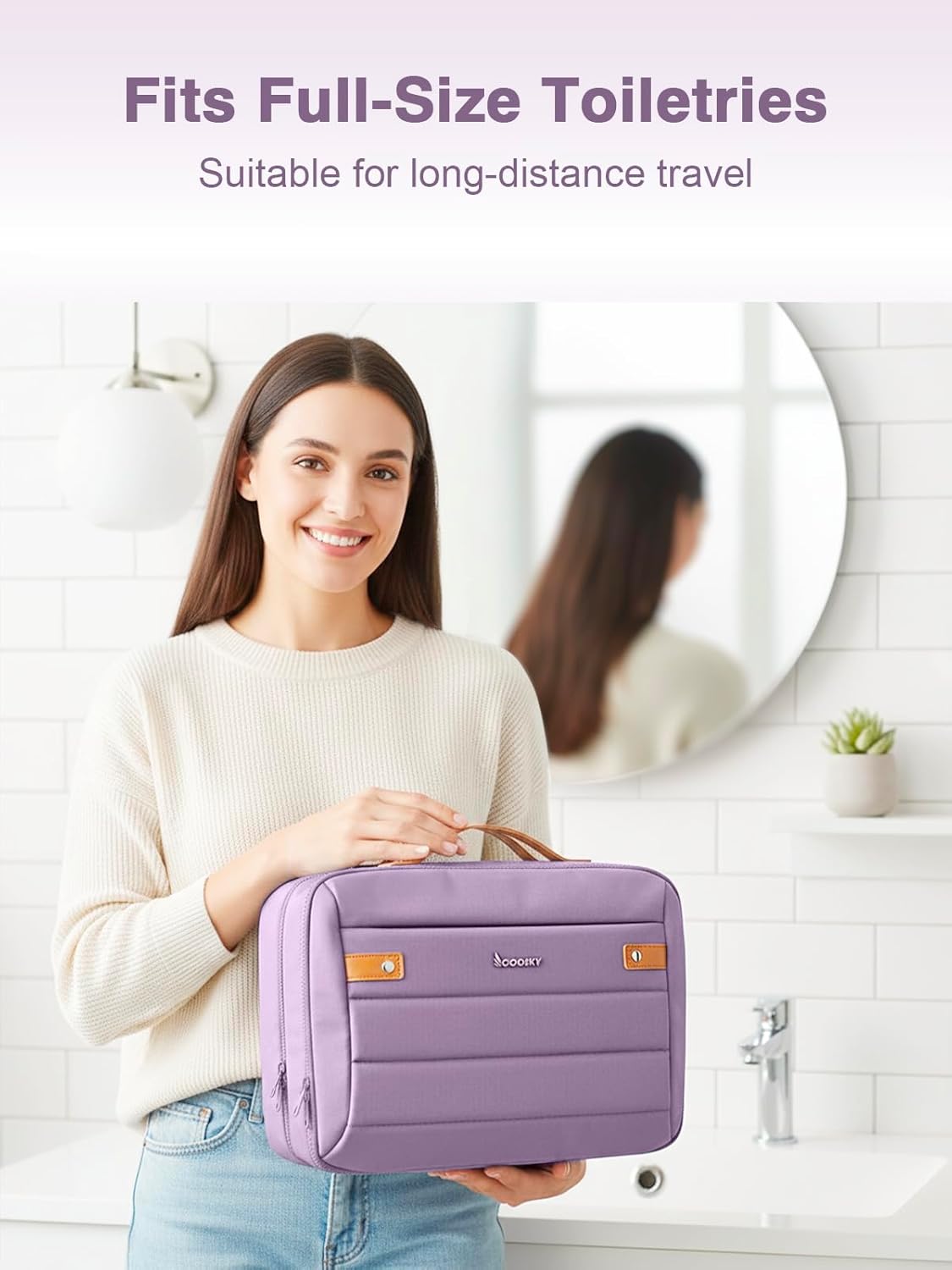 Women's Hanging Toiletry Bag, Waterproof Travel Cosmetic Organizer with Jewelry Storage, Large Capacity Makeup Case for Full-Size Skincare & Bathroom Essentials, Portable Cosmetic kit, Purple