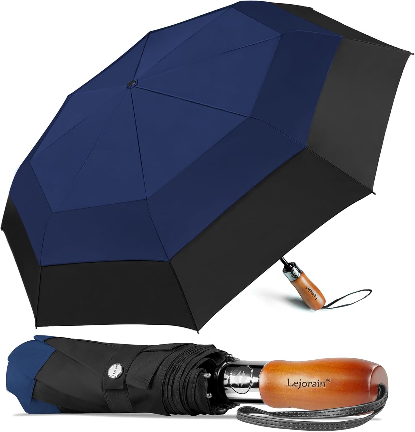 Lejorain Large Compact Golf Umbrella - Oversized Auto Open Close Folding Golf Umbrella Travel 210T Dupont Teflon Coated Vented Windproof Double Canopy for Women Men