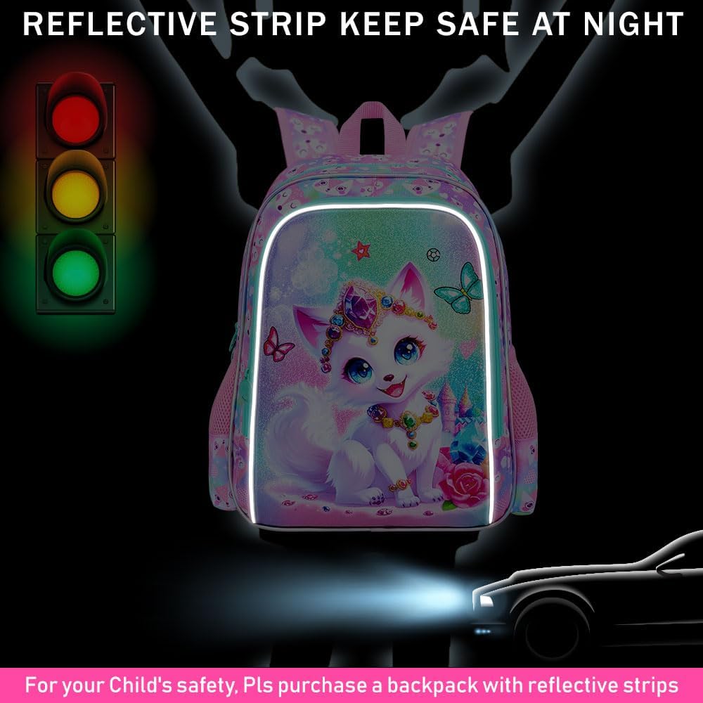 16" Fox Backpack for Girls, 3Pcs Kids Bookbag for Elementary Preschool Kindergarten, School Backpacks with Lunch Box(Pink)