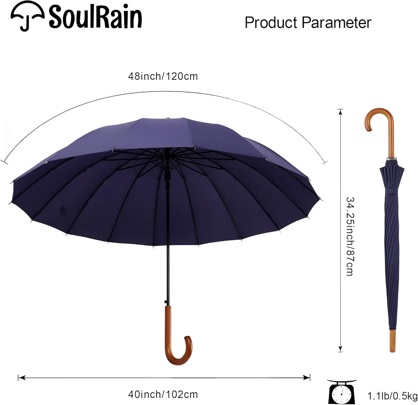 SoulRain 16 Ribs 48" Stick Umbrella Auto Open Solid Color Fashionable and Simple，Arc Classic Wood Handle，Windproof Unbreakable Stick Rain Umbrella