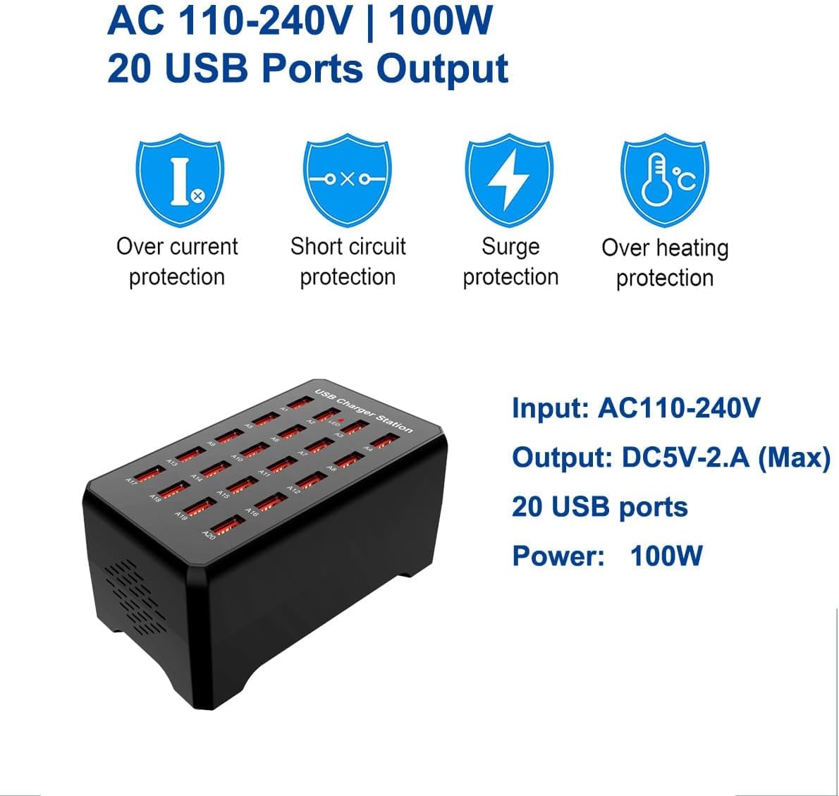 100W 20-Port Multi-Device USB Charging Station - Supports simultaneous Charging for Smartphones, Tablets, smartwatches and Other USB-Powered Devices.(20-Port Charging Station - Black)