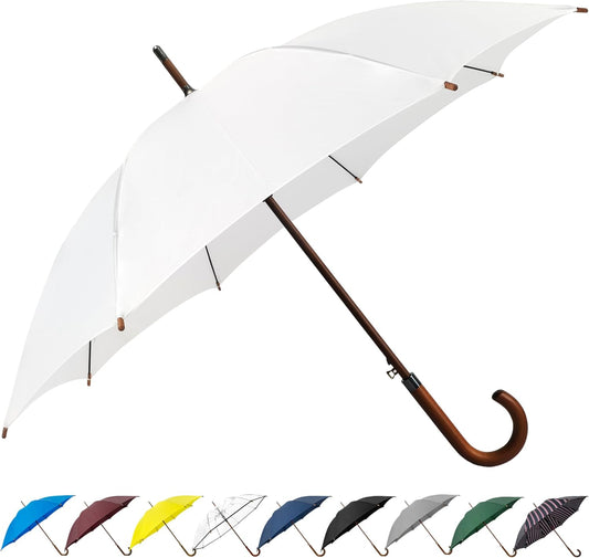 SoulRain 48" White Stick Umbrella – Large Windproof Wedding Umbrella for Rain, Automatic Open, Vintage Cane Umbrella with Wooden Handle & Shaft, Elegant Parasol for Women & Men(White)