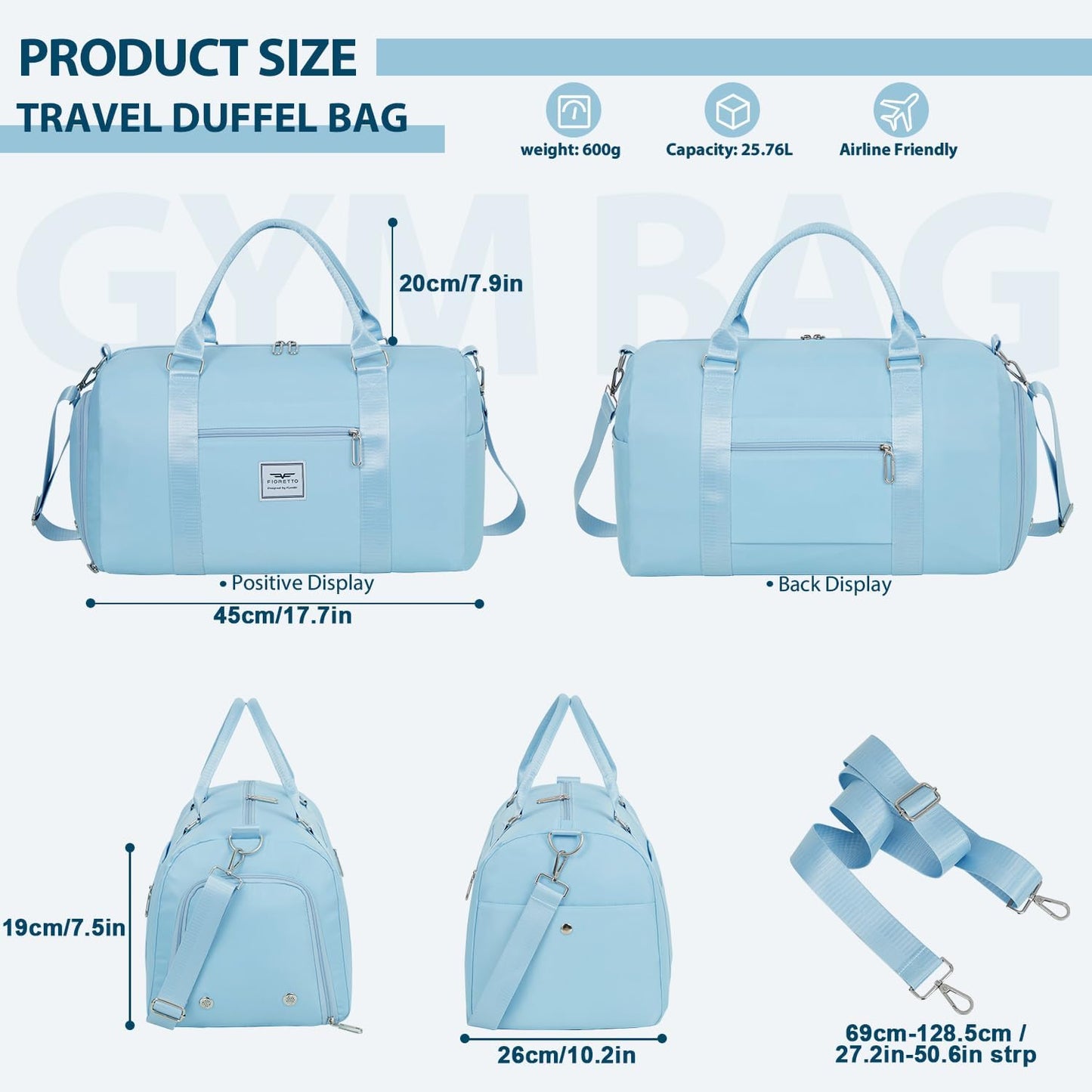 FIORETTO Womens Gym Tote Duffle Bag with Wet Pocket & Shoe Compartment, Sports Duffel Overnight Weekender Hospital Workout Carry on Bag for Girls, Ideal for Travel, Swimming, Dance, Ballet Light Blue