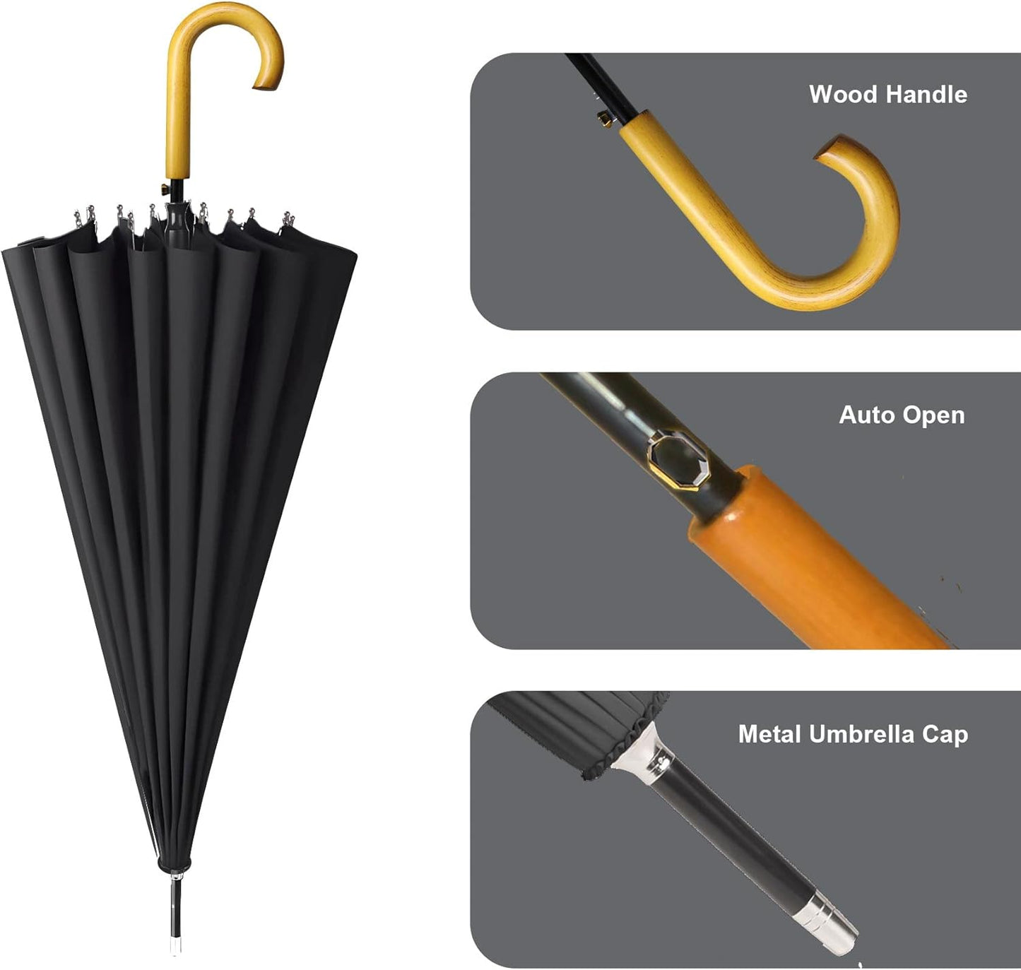 MRTLLOA 52 Inch Windproof Large Umbrellas for Rain, 16 Ribs, J Wooden Handle, 210T High-density Fabric Golf Stick Umbrella