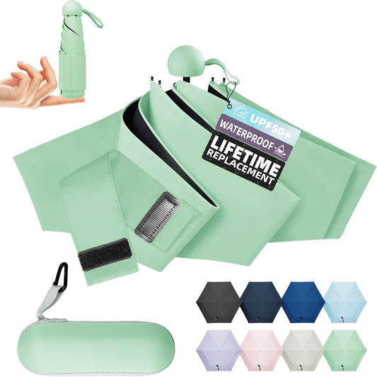 Travel Mini Umbrella Compact Small & Lightweight, UV Rain Protection, Pocket-Sized Folding Umbrellas with Quickdraw & Case for Men Women & Kids Backpack