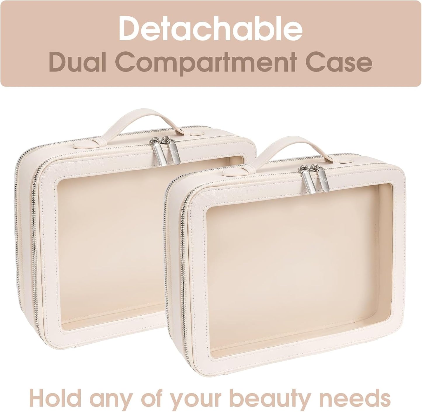 Clear Makeup Bag,Large Toiletry Case for Women,PU Leather Travel Cosmetic Bag,Detachable Makeup Case,Double Compartment Make up Organizer