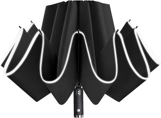 Lejorain Folding Reverse LED Umbrella - Upside Down Reflective Umbrellas Compact Inverted Travel Windproof Umbrella Auto Open Close for Rain