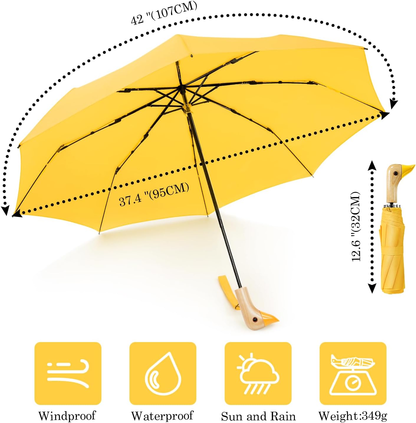 Cute Duck Handle Umbrella - Compact Travel Yellow Duck Head Umbrella for Adults and Girls