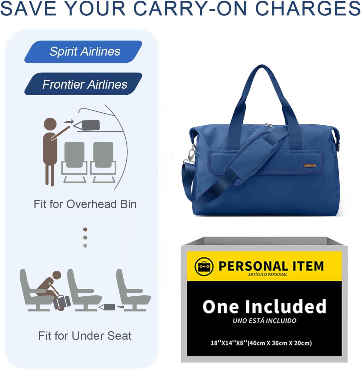 18x14x8 Personal Item Bag with Wet Pocket & Toiletry Bag, Travel Duffel Bag for Gym Underseat Weekender Carry On Luggage for Women Men (Navy Blue)