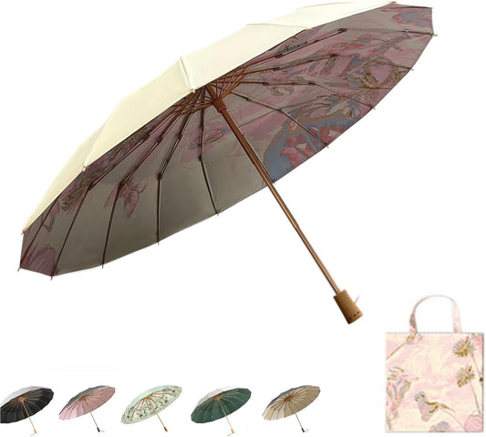 Folding umbrellas for rain and sun UPF 50+ UV Protection Windproof waterproofing and Strong Travel Essentials for Men Women 16 Ribs Wooden Handle Pink Umbrella For Women Sun Umbrella For Walking Compact