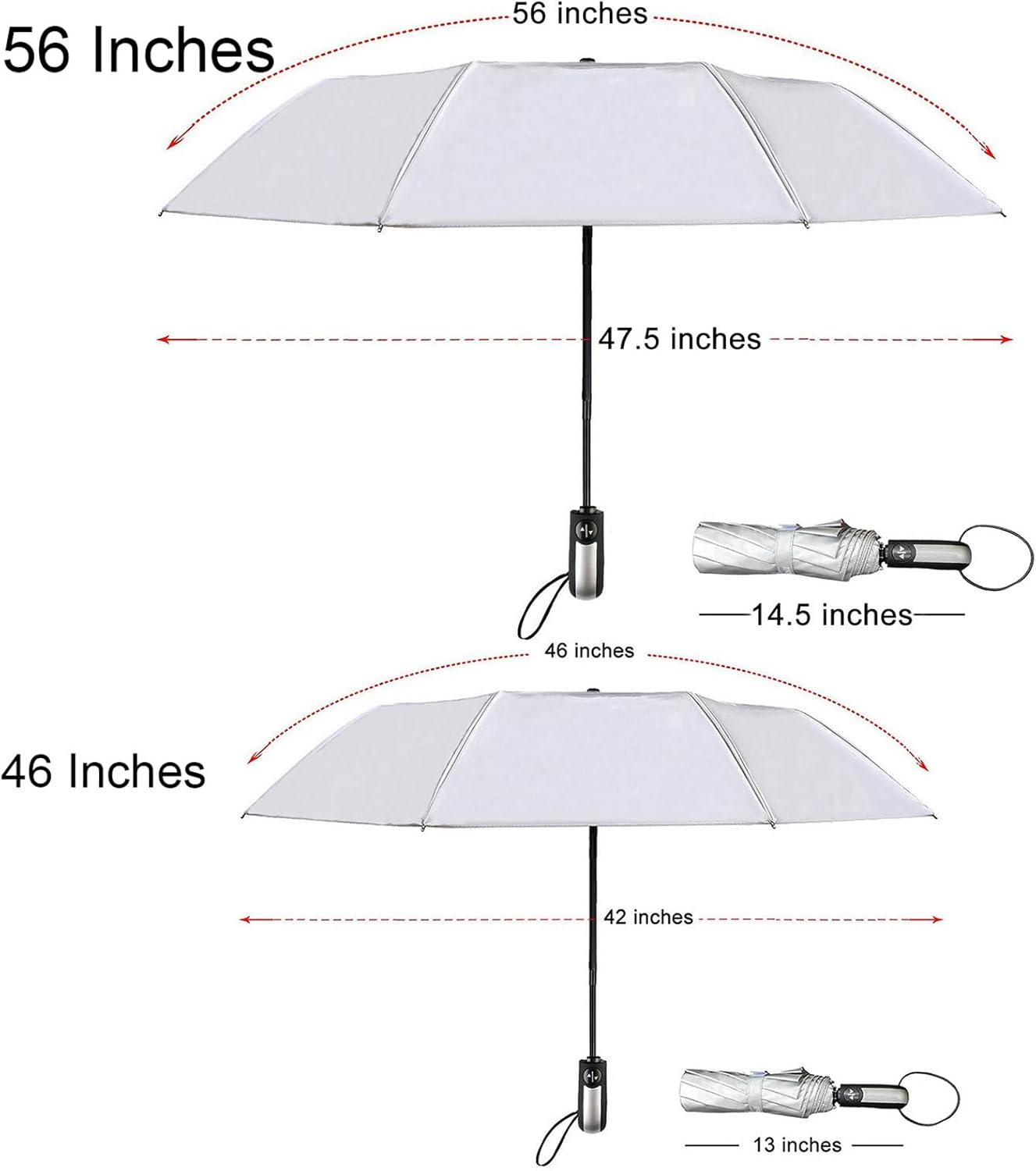 TradMall 2 Pack Travel Umbrella Windproof 46/56 Inches Large Canopy Reinforced Fiberglass Ribs Auto Open & Close