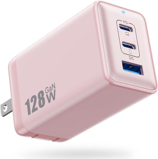 128W USB C Wall Charger,GaN III 3-Port Fast Charging Station,PD QC Foldable Charger Block Portable 65W Laptop Adapter for MacBook Pro/Air,iPad Pro,Galaxy S23,Dell XPS 13,iPhone 17/16/Pro etc