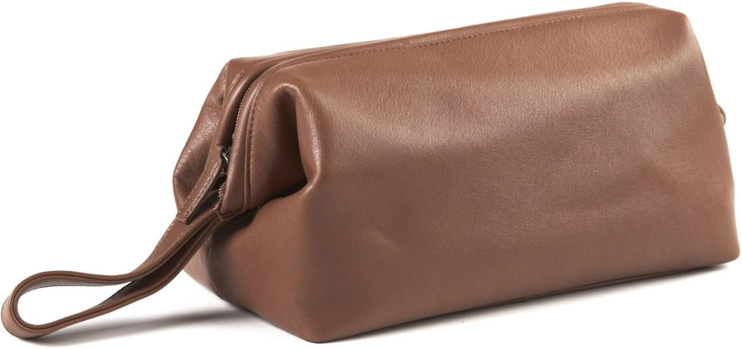 Leatherology Cognac Framed Toiletry Bag - Wide-mouth zippered opening, interior and exterior zippered compartments, compact and functional