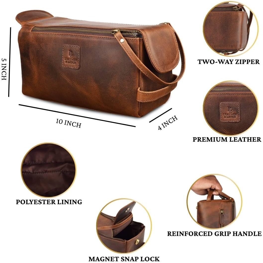 Leather Travel Toiletry Bag for Men & Women – Genuine Leather Dopp Kit, Shaving Organizer, Waterproof Lining, Spacious Toiletry Organizer Gift for Unisex- Rustic Brown