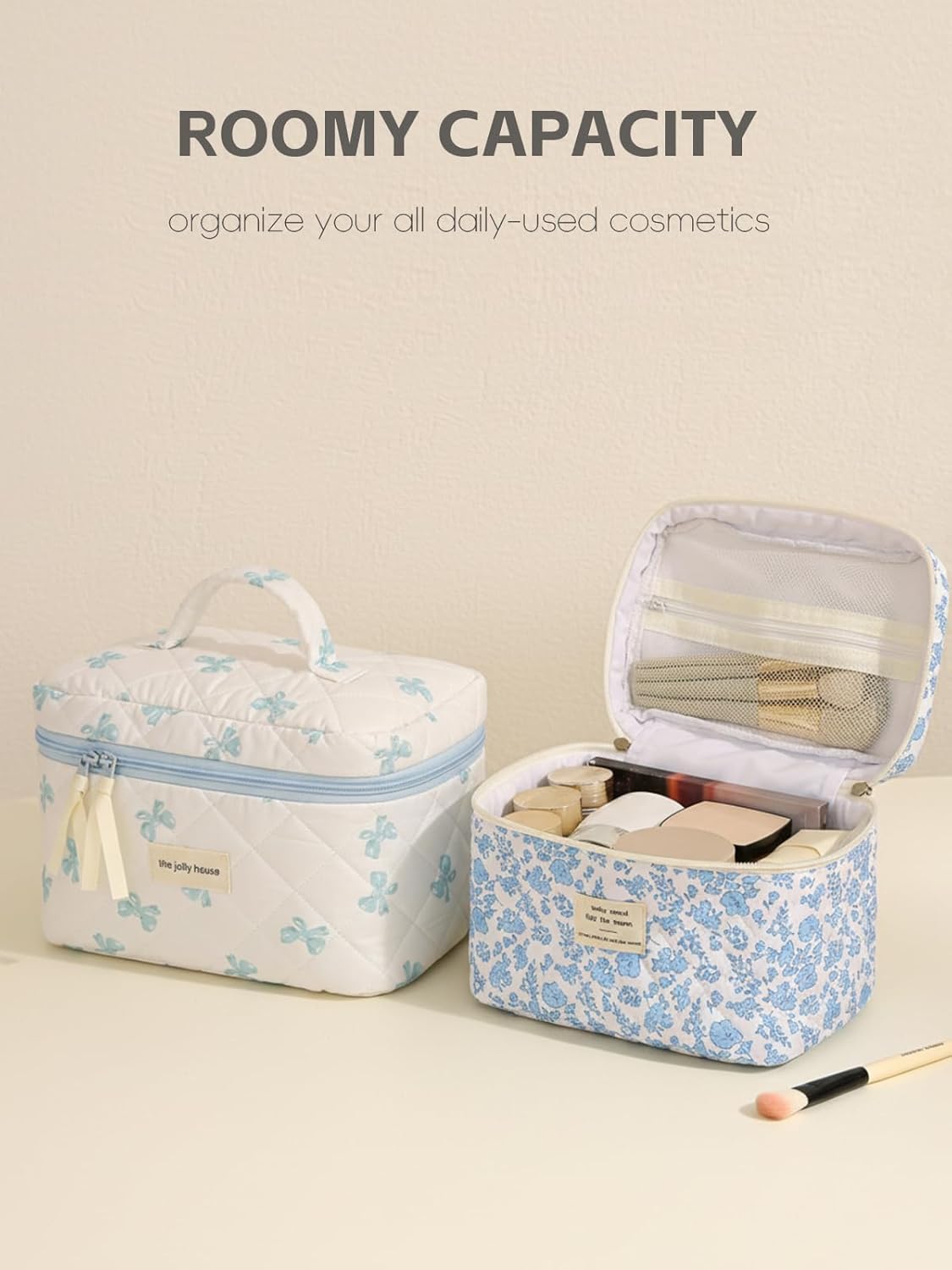 Large Travel Quilted Makeup Bag for Women Girls, Floral Cosmetic Bag, Cute Coquette Aesthetic Flowers Toiletry Organizer Bag Blue Bow