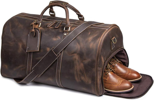 Leather Travel Luggage Bag, Mens Duffle Retro Carry on Handbag(Dark Browm, 24 Inch)