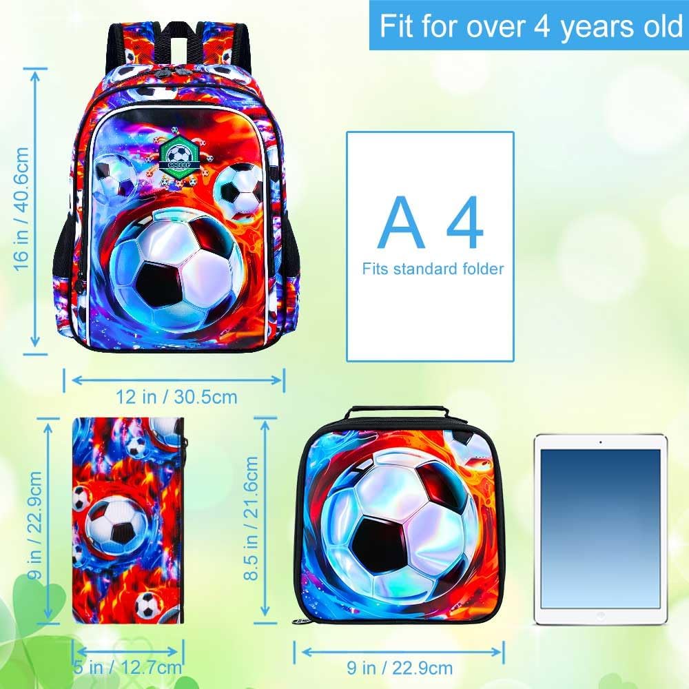 16" Soccer Backpack for Boy, 3Pcs Football School Backpacks with Lunch Box, Kids Bookbag for Elementary Preschool Kindergarten(Ice and Fire)
