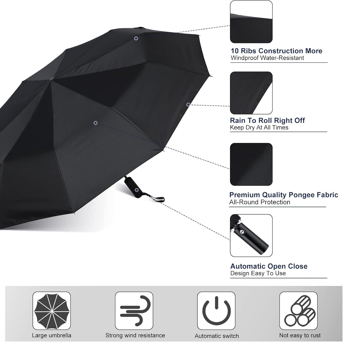 Jexine Automatic Open Close Umbrella Bulk 10 Ribs Portable Travel Windproof Compact Strong Light Folding Umbrellas for Rain Car Backpack, Black(12 Pcs)