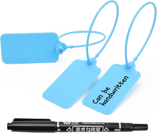 100pcs Luggage Tags Plastic Seals Shipping Label Logistics Use Sign Tie, Sealing Storage Multi Purpose Name ID Tag with Marker for Backpack, Schoolbag, Car Key (Blue)