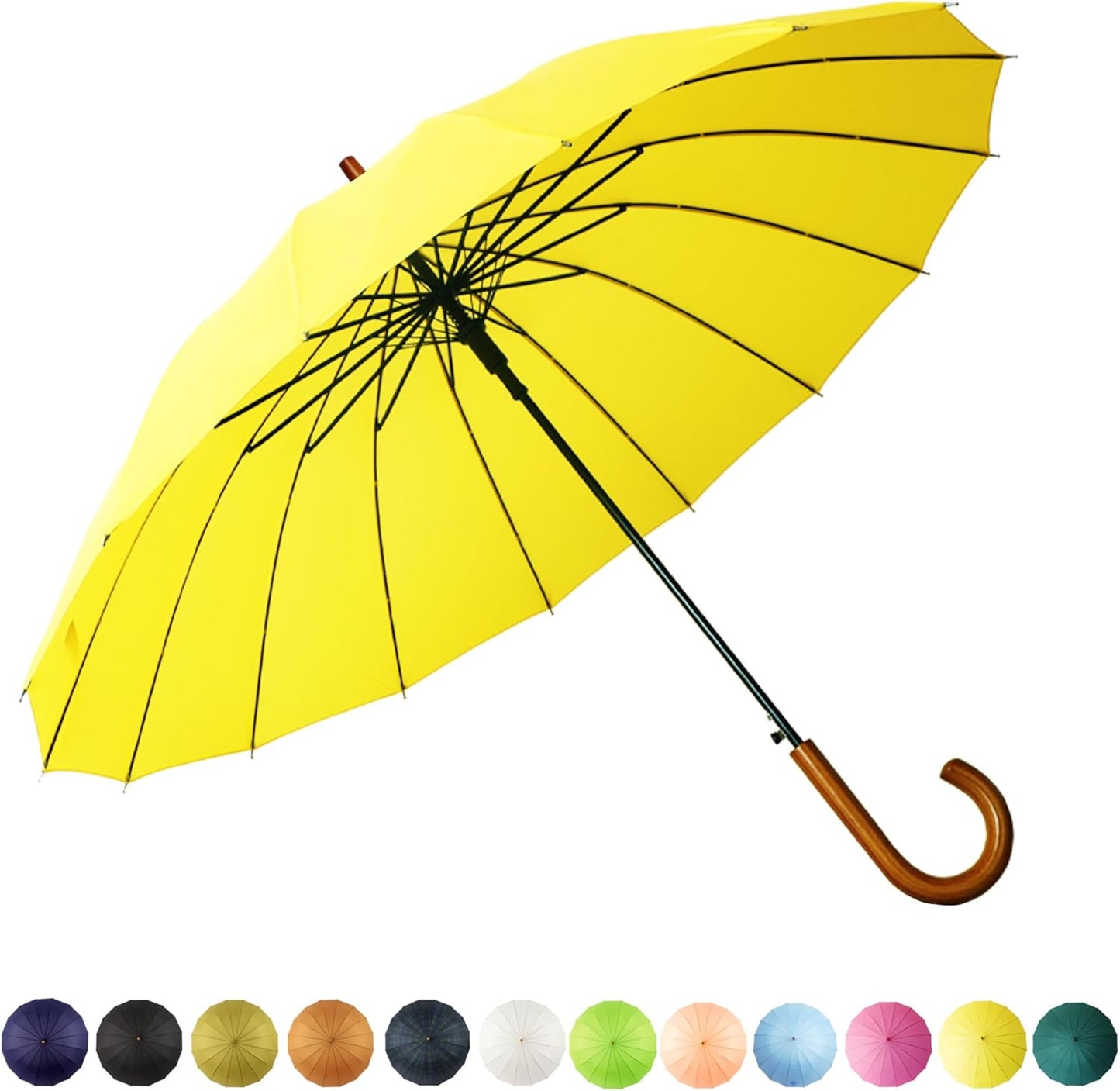 SoulRain 16 Ribs 48" Stick Umbrella Auto Open Solid Color Fashionable and Simple，Arc Classic Wood Handle，Windproof Unbreakable Stick Rain Umbrella