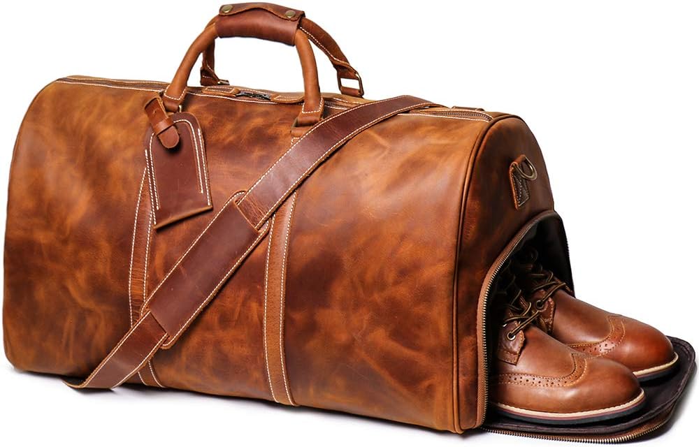 Leather Travel Luggage Bag, Mens Duffle Retro Carry on Handbag(Brown, 24 Inch)