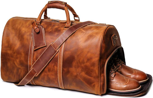 Leather Travel Luggage Bag, Mens Duffle Retro Carry on Handbag(Brown, 24 Inch)