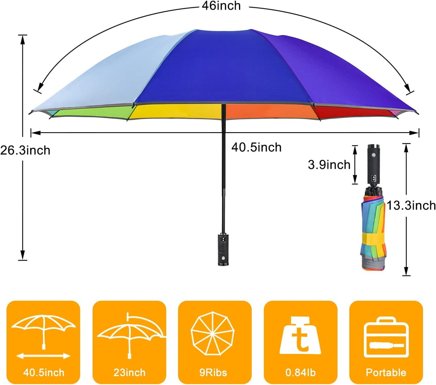 Lejorain Inverted Rainbow LED Umbrella - Folding Reverse Automatic Travel Umbrellas Compact for Rain Windproof Women - Portable Upside Down Collapsible Reflective Umbrella