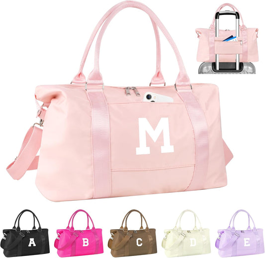 Initial Travel Duffel Bag Sports Gym Bag for Girls Teen Birthday Gifts,Pink Personalized Weekender Bag Carry On Tote Bags for Women Men,Waterproof Overnight Luggage Bag with Trolley Sleeve(Letter M)