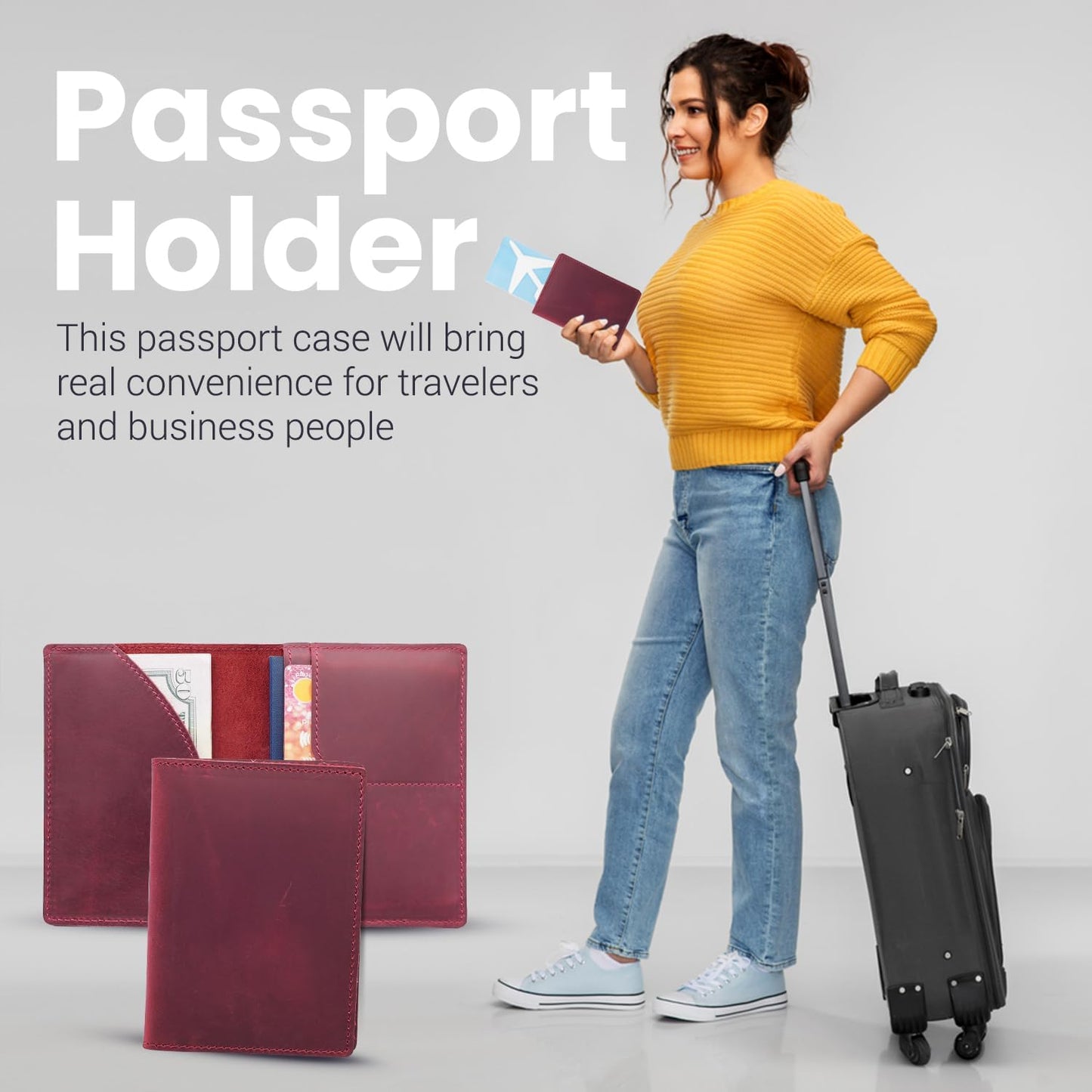 Leather Passport Holder with Travel Wallet, Genuine Leather Passport Cover- Passport Wallet, Leather Folding Wallet for Passports (Oval Cut, Red)