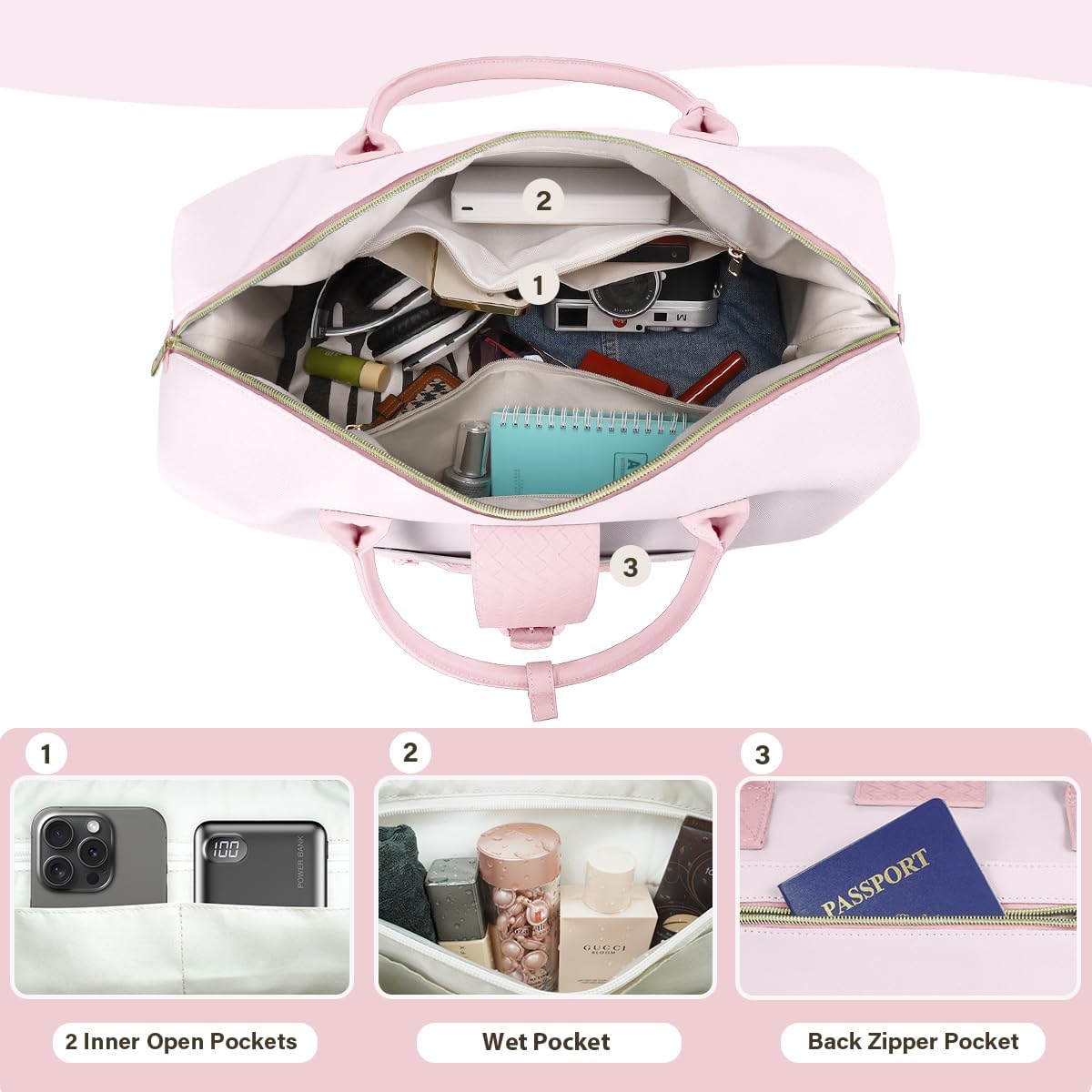 Leather Weekender Bags for Women, Travel Duffel Bag PU Overnight Bag Carry On Tote Bag with Shoe Compartment Wet Pocket