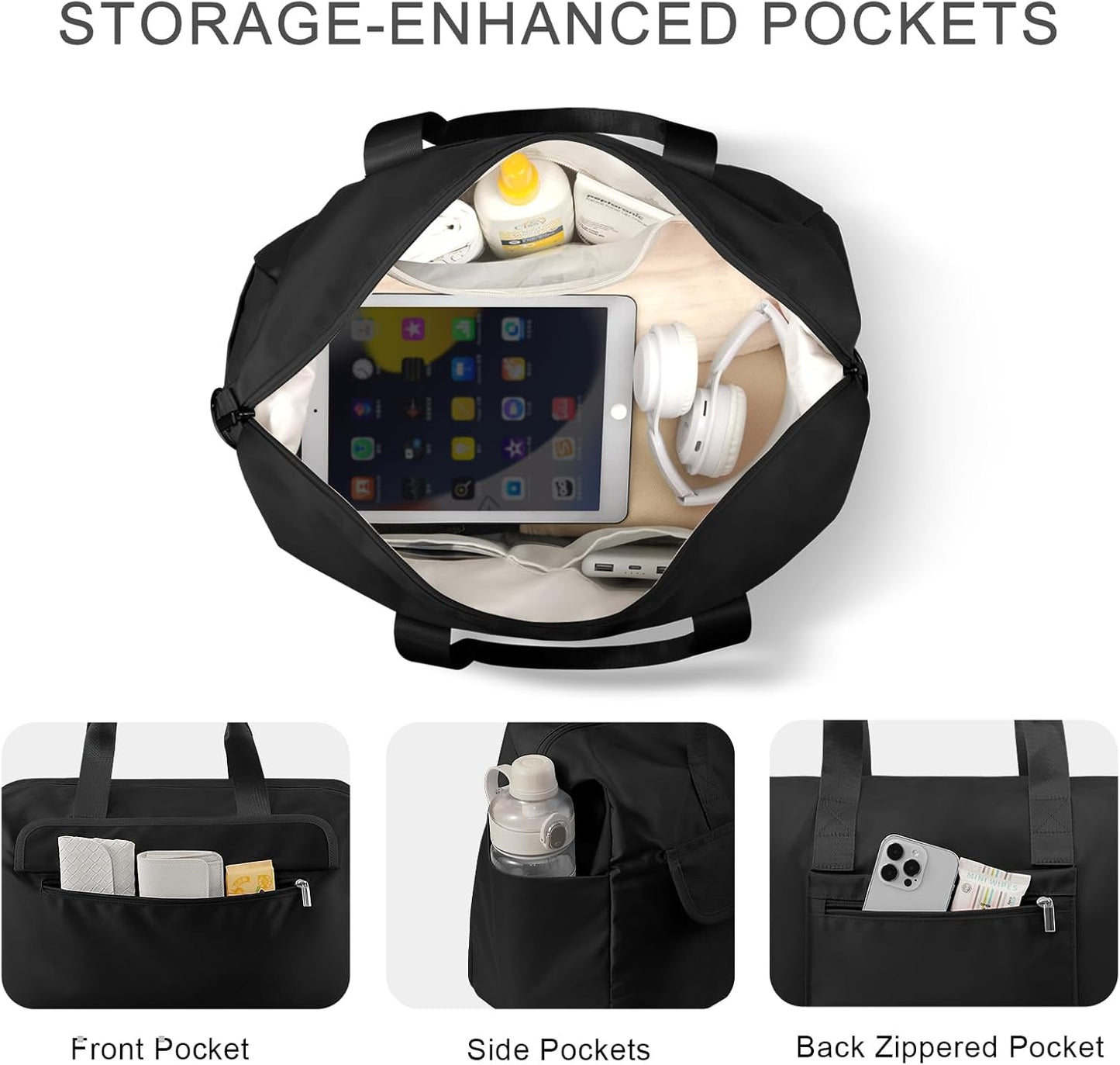 18x14x8 Personal Item Bag with Wet Pocket & Toiletry Bag, Travel Duffel Bag for Gym Underseat Weekender Carry On Luggage for Women Men (Black)