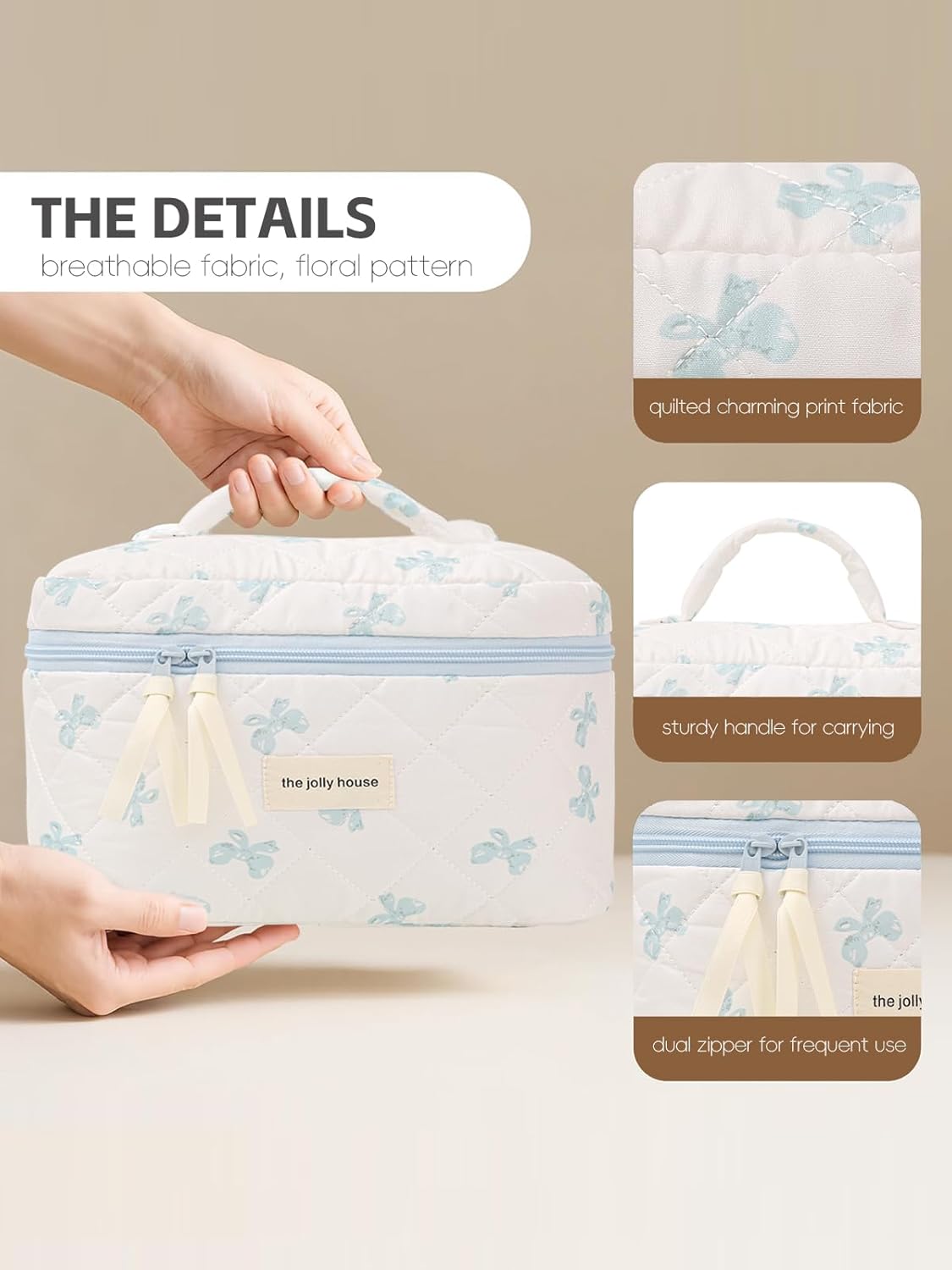 Large Travel Quilted Makeup Bag for Women Girls, Floral Cosmetic Bag, Cute Coquette Aesthetic Flowers Toiletry Organizer Bag Blue Bow