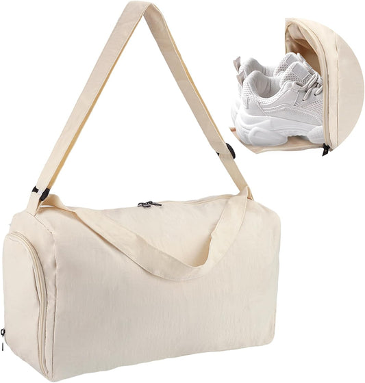 Small Gym Bag for Women with Shoes Compartment and Wet Pocket, Lightweight Travel Duffel Overnight Bags for Women & Men, Weekend Carry on Bag - Sport Yoga Swimming Dance(Beige)