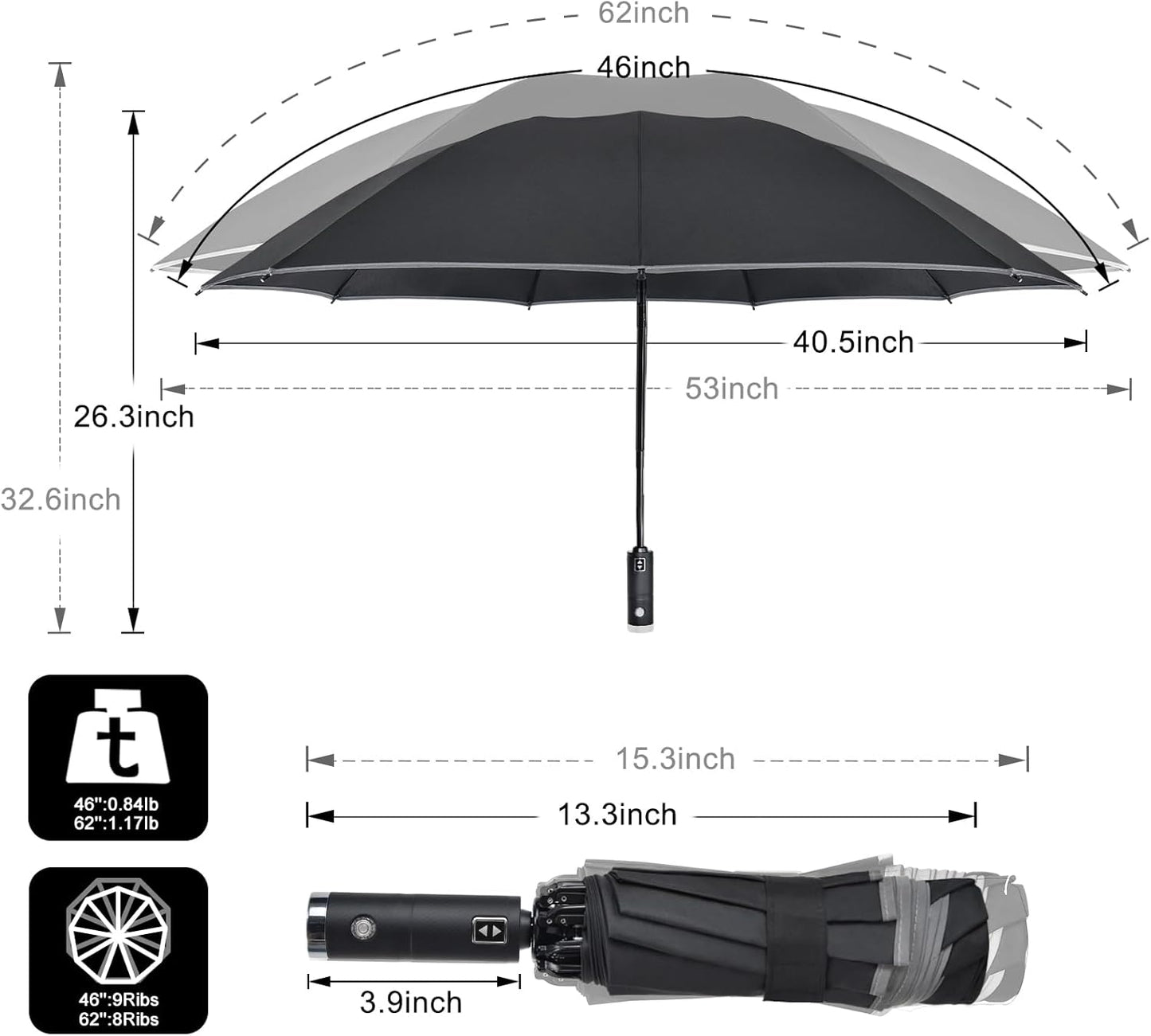 Lejorain Folding Reverse LED Umbrella - Upside Down Reflective Umbrellas Compact Inverted Travel Windproof Umbrella Auto Open Close for Rain