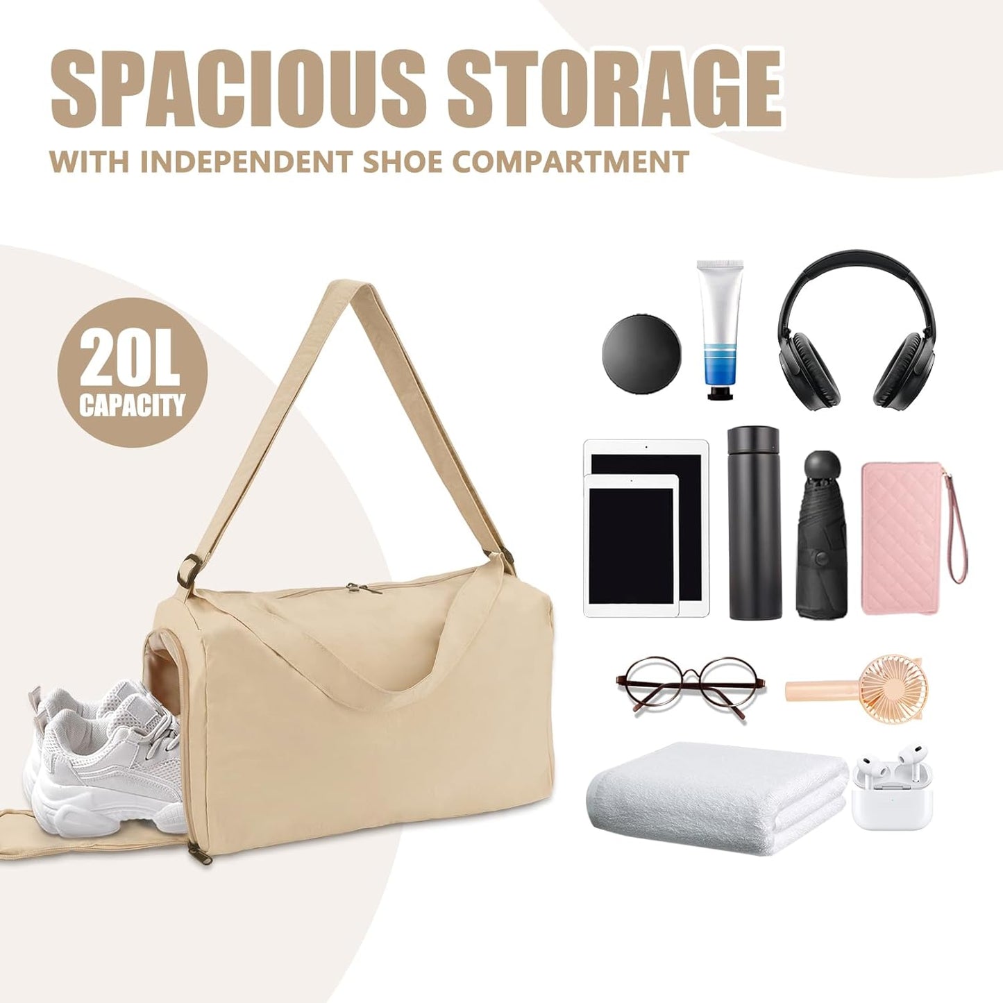 Small Gym Bag for Women with Shoes Compartment, Travel Duffel Overnight Bags for Women & Men, Weekend Carry on Bag - Sport Yoga Dance(Khaki)