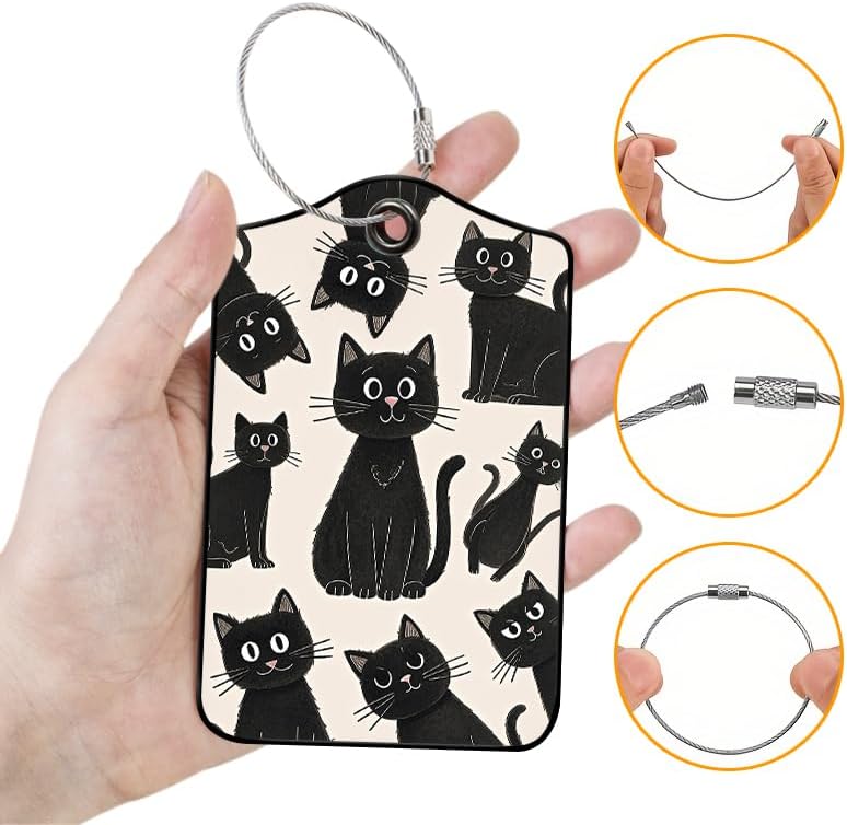 2 Pack Black Cat Leather Luggage Tags for Suitcases, Travel Bag Tags with Privacy Cover ID Label with Stainless Steel Loop for Women Men Girls Backpack Gift (Black)