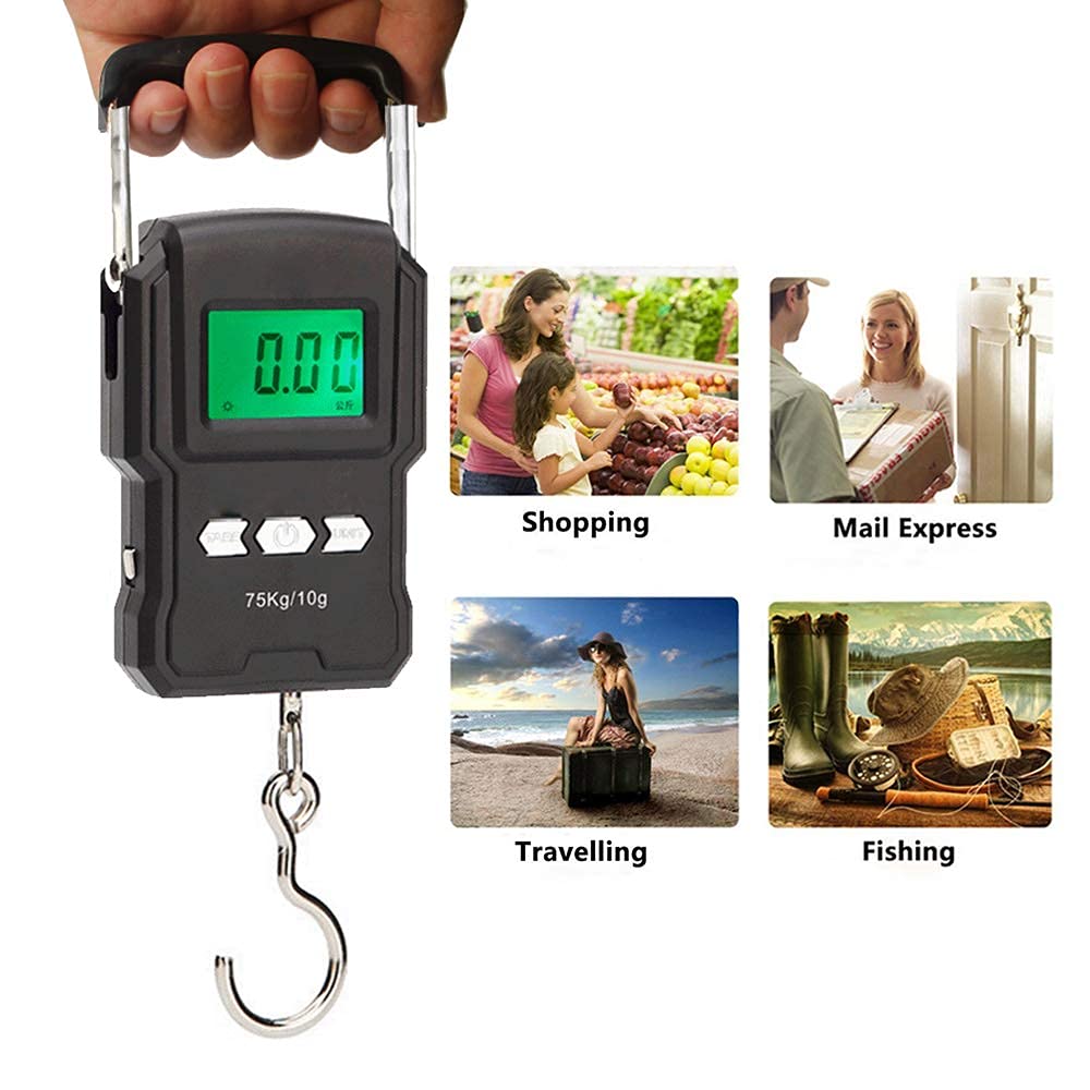 Rechargeable Lugagge Scale Portable Electronic Hook Scale Digital Hanging Bag Luggage Weight Scale Fishing Scale with Measuring Tape 165Lb Black
